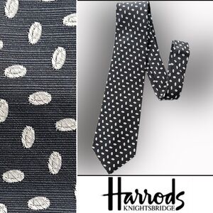 🇬🇧Charcoal Necktie/Neck Tie with Silvery White Dotted Ovals | Silk | Harrods